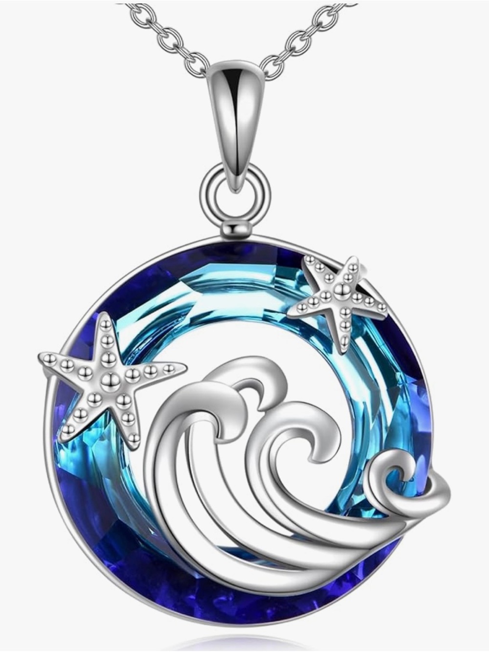 NEW Silver 925 Ocean Wave Pendant Necklace with Blue Crystal